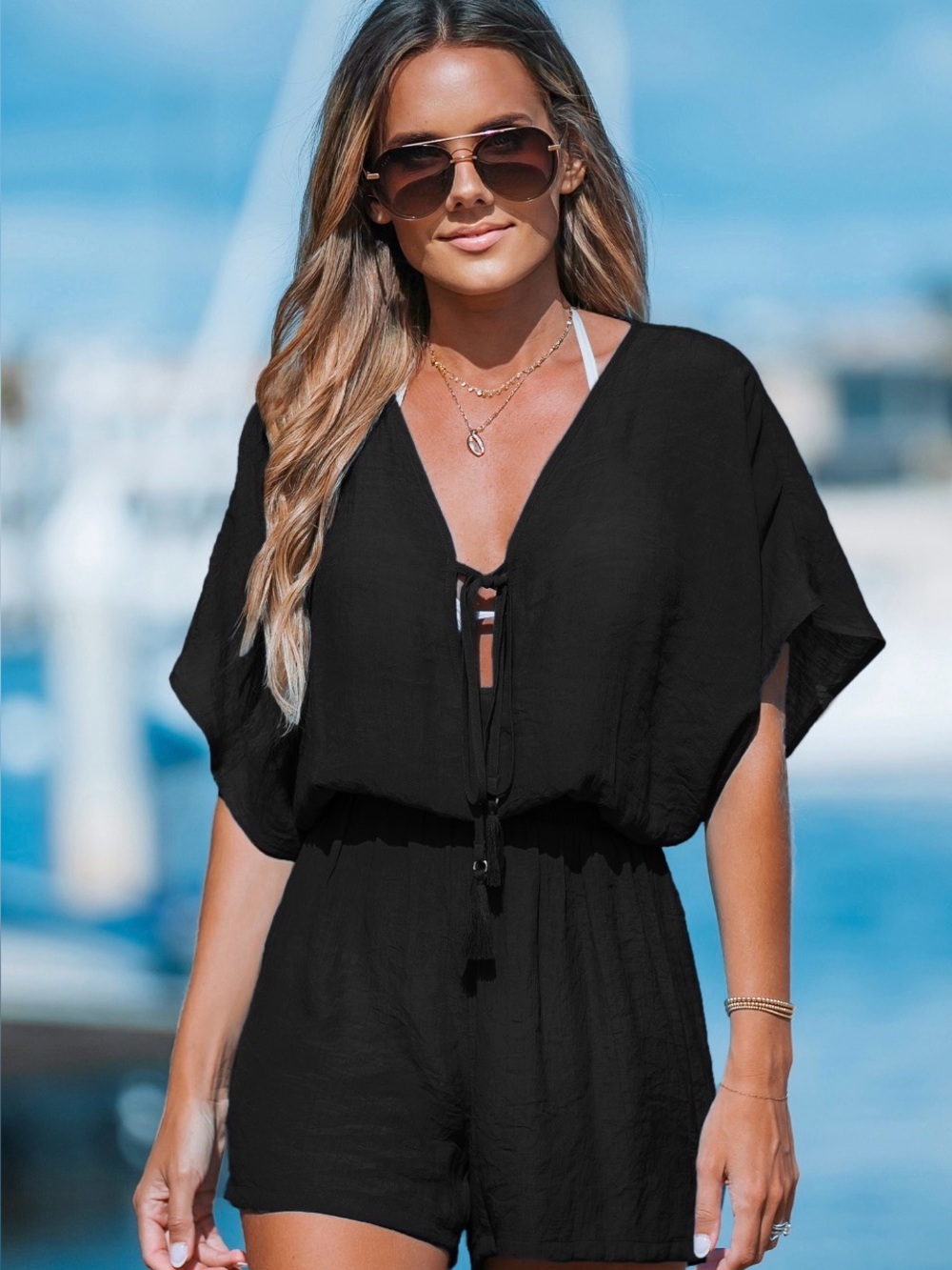 Cupshe Black V-Neck Tie-Front Swim Cover-Up Romper
